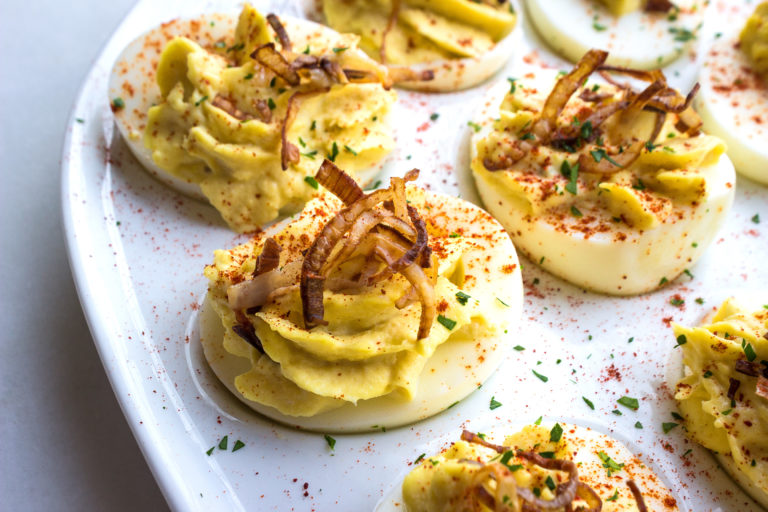 Crab Deviled Eggs with Crispy Shallots {Paleo, Keto}